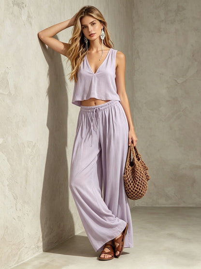 V-neck solid color sleeveless camisole top wide leg pants set eprolo