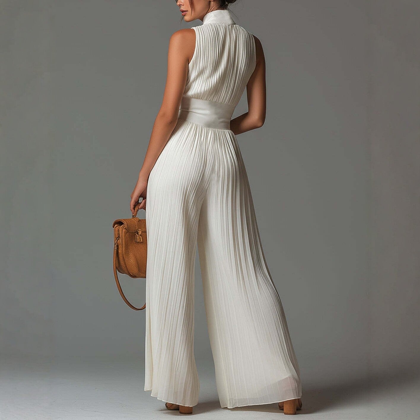 White Pleated Strap Neck Jumpsuit for Women, Long Wide Leg Fashion Sexy Folded Design eprolo