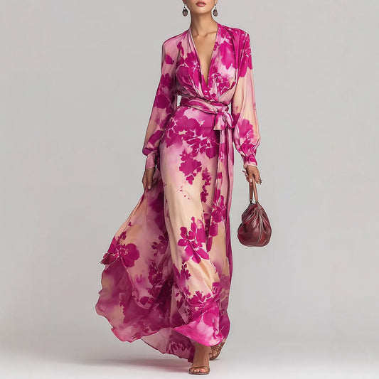 Printed Chiffon Long Sleeve V-Neck Tie-Up Dress Elegant Chic Spring New Long Dress eprolo