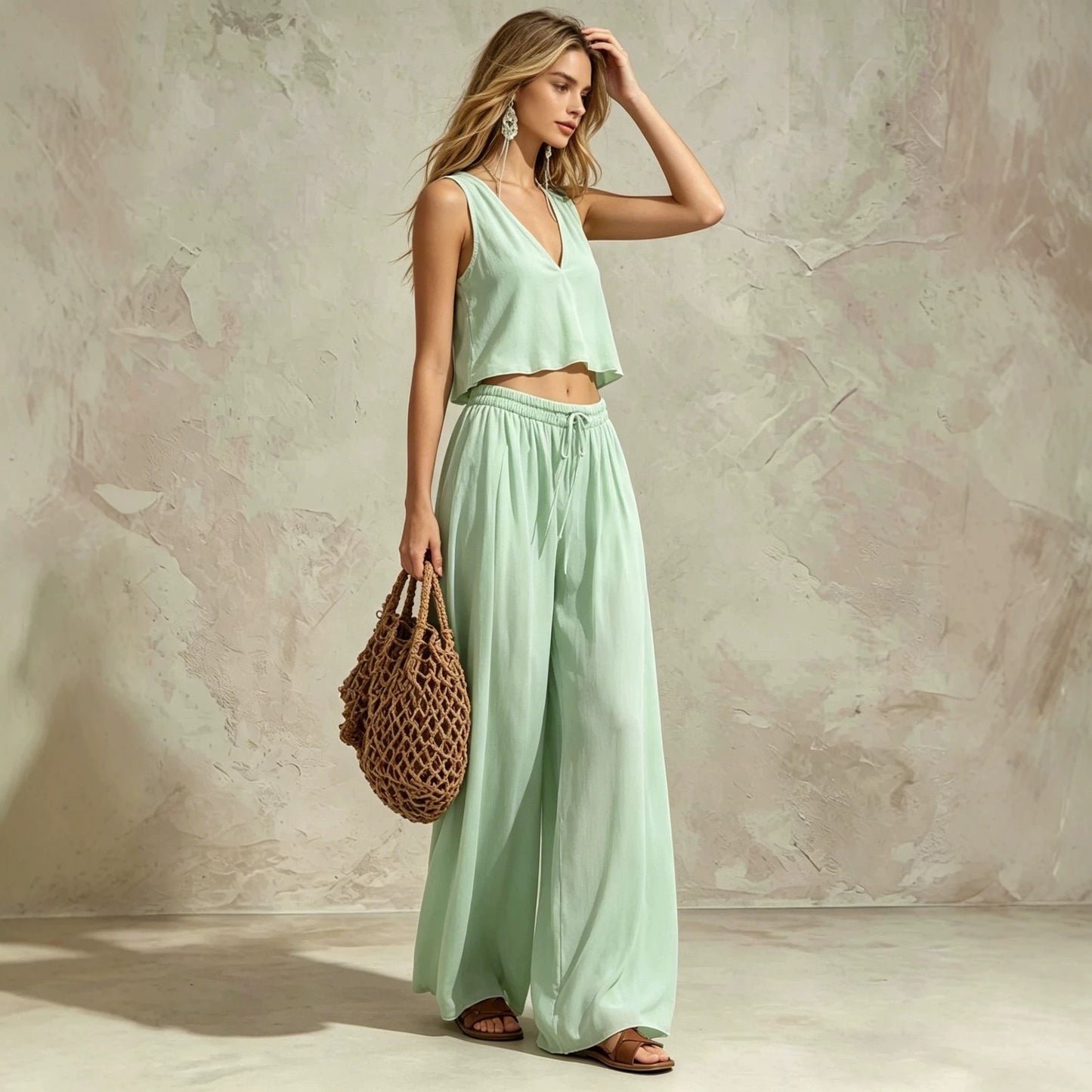 V-neck solid color sleeveless camisole top wide leg pants set eprolo
