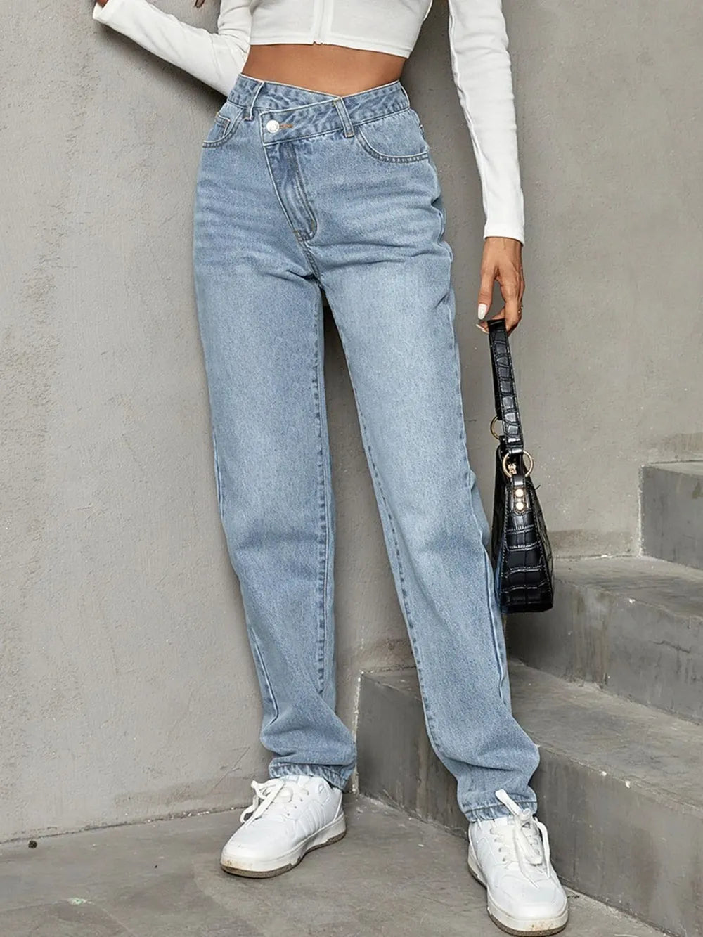 Asymmetrical Waist Straight Leg Jeans eprolo