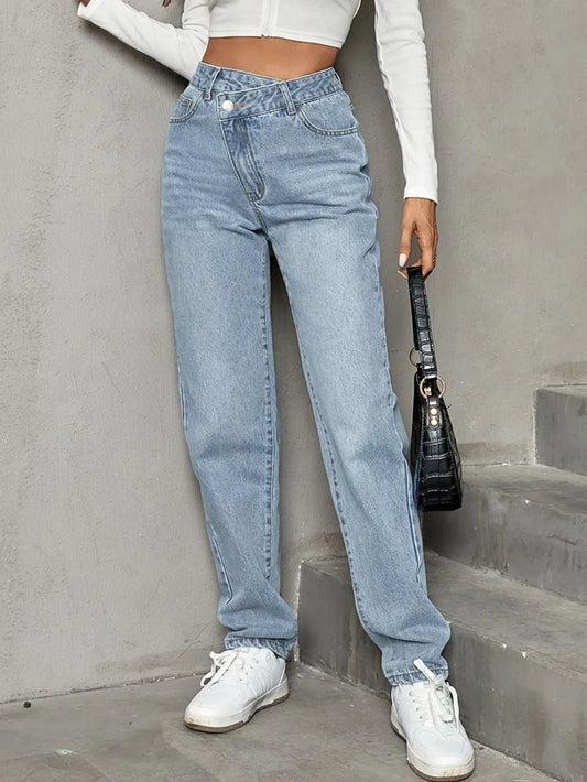 Asymmetrical Waist Straight Leg Jeans eprolo