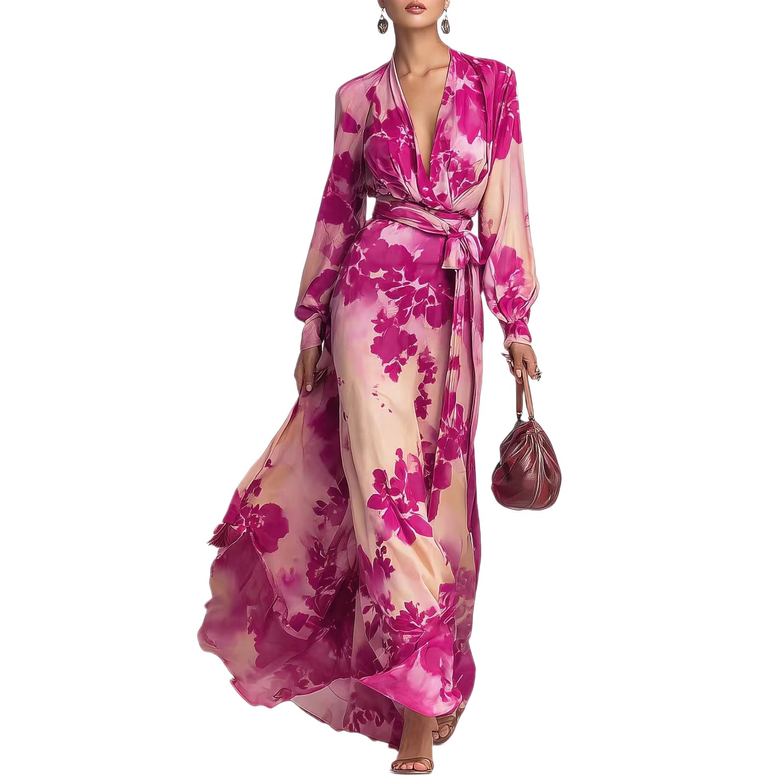 Printed Chiffon Long Sleeve V-Neck Tie-Up Dress Elegant Chic Spring New Long Dress eprolo