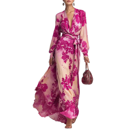 Printed Chiffon Long Sleeve V-Neck Tie-Up Dress Elegant Chic Spring New Long Dress eprolo