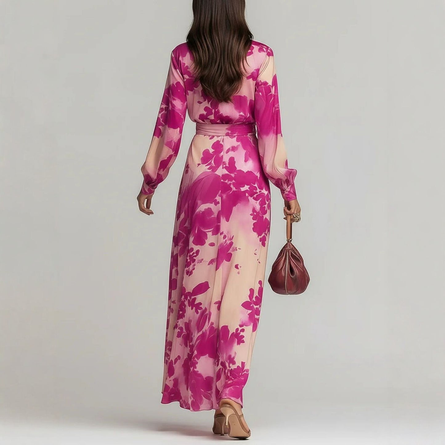 Printed Chiffon Long Sleeve V-Neck Tie-Up Dress Elegant Chic Spring New Long Dress eprolo