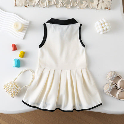 Sleeveless Turn-down Collar Bow Vest Dress for Girls Casual Pleated Skirt eprolo