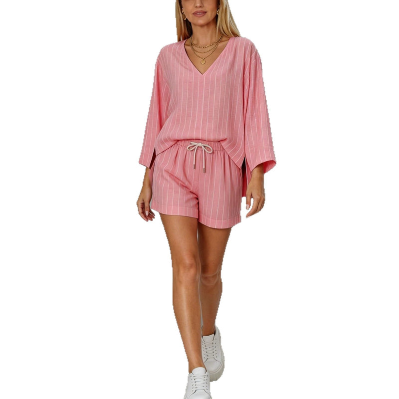 Loose V-neck long-sleeved striped shorts set