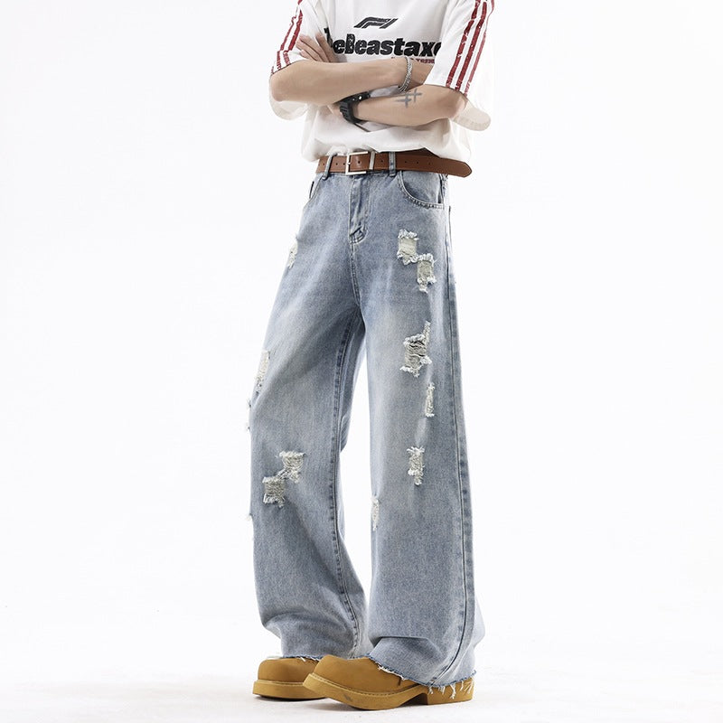 Street Style Ripped Denim Pants Men Lightweight Straight Loose eprolo